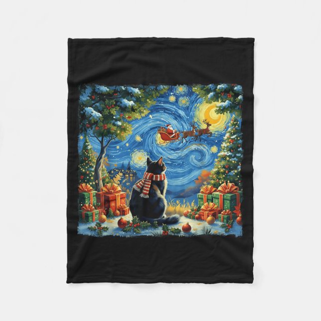 Christmas Cat Starry Night Holiday Van Gogh Xmas S Fleece Blanket (Front)