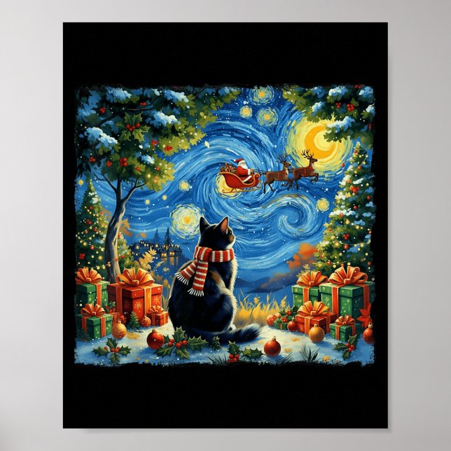 Christmas Cat Starry Night Holiday Van Gogh Xmas S Poster (Front)