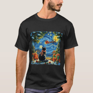 Christmas Cat Starry Night Holiday Van Gogh Xmas S T-Shirt