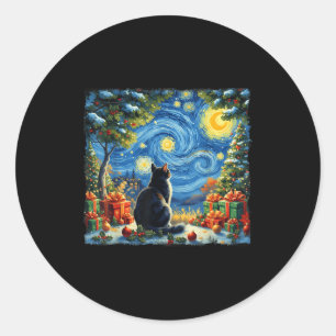 Christmas Cat Starry Night Van Gogh Santa Winter G Classic Round Sticker