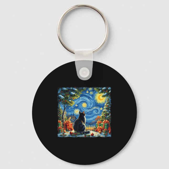 Christmas Cat Starry Night Van Gogh Santa Winter G Key Ring (Front)