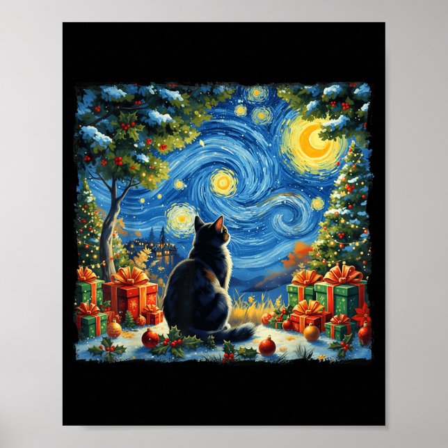 Christmas Cat Starry Night Van Gogh Santa Winter G Poster (Front)
