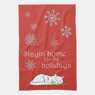 Christmas Cat Stayin' Home for the Holidays Dish Tea Towel