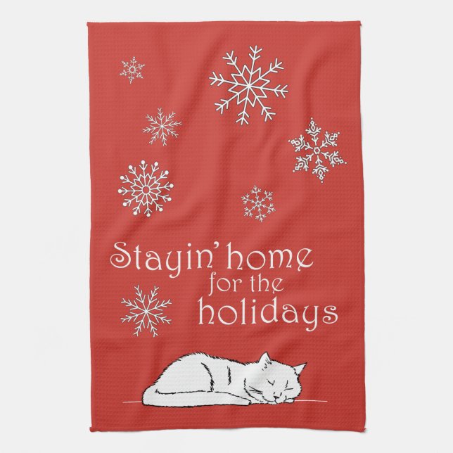 Christmas Cat Stayin' Home for the Holidays Dish Tea Towel (Vertical)