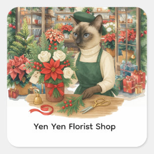 Christmas cat sticker, cat florist sticker,  square sticker