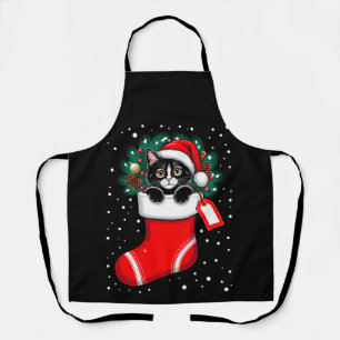 Christmas Cat Stocking Santa Hat Pinecones Snow Apron