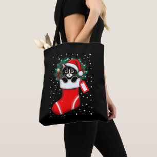 Christmas Cat Stocking Santa Hat Pinecones Snow Tote Bag