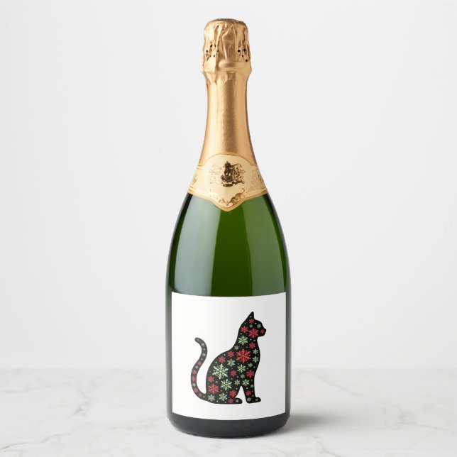 Christmas Cat T-Shirt Sparkling Wine Label (Front)