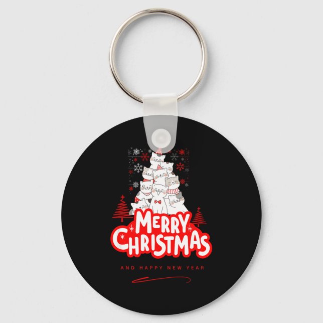 Christmas Cat Tee – Festive Kitty Holiday Art  Key Ring (Front)