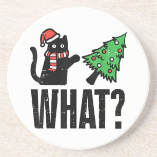Christmas Cat Tipping Xmas Tree Funny Coaster