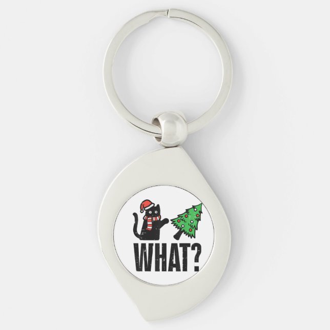 Christmas Cat Tipping Xmas Tree Funny Key Ring (Front)