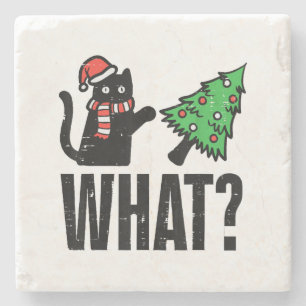 Christmas Cat Tipping Xmas Tree Funny Stone Coaster