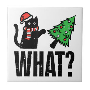 Christmas Cat Tipping Xmas Tree Funny Tile