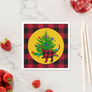 Christmas Cat, Tree and Red Buffalo plaid rustic Napkin