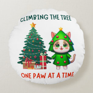 Christmas Cat Tree Funny Whimsical Cartoon Round Cushion