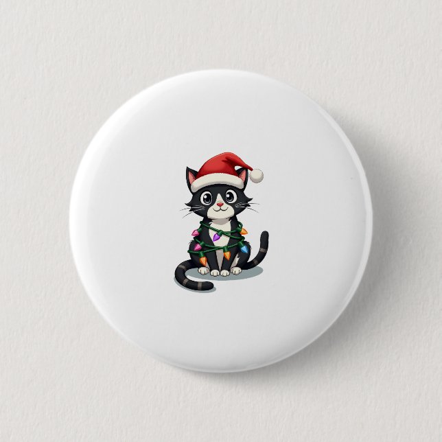 Christmas Cat Tuxedo black cat xmas lights kitty c 6 Cm Round Badge (Front)