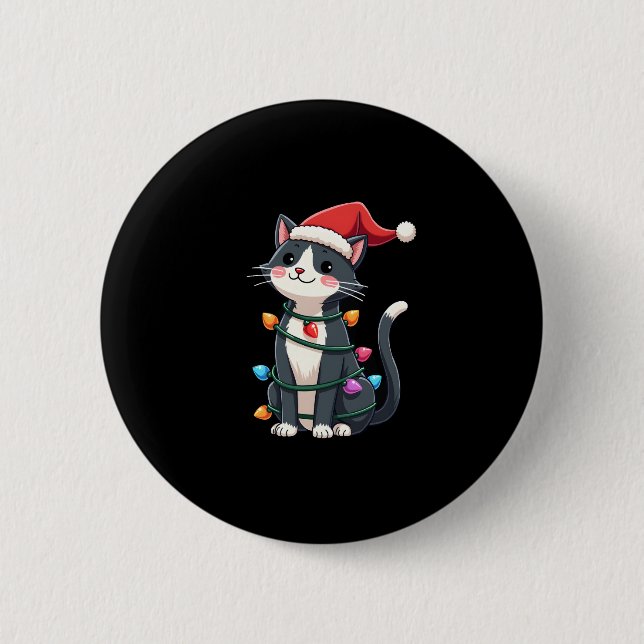 Christmas Cat Tuxedo black cat xmas lights kitty c 6 Cm Round Badge (Front)