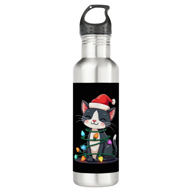Christmas Cat Tuxedo black cat xmas lights kitty c 710 Ml Water Bottle (Front)