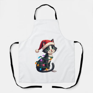 Christmas Cat Tuxedo black cat xmas lights kitty c Apron