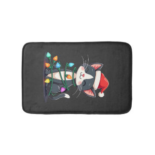 Christmas Cat Tuxedo black cat xmas lights kitty c Bath Mat