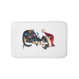 Christmas Cat Tuxedo black cat xmas lights kitty c Bath Mat