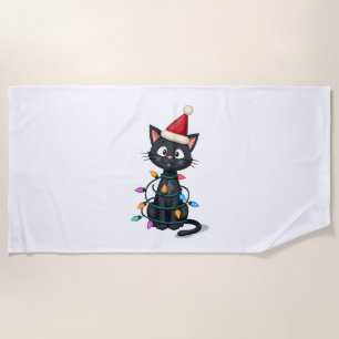 Christmas Cat Tuxedo black cat xmas lights kitty c Beach Towel