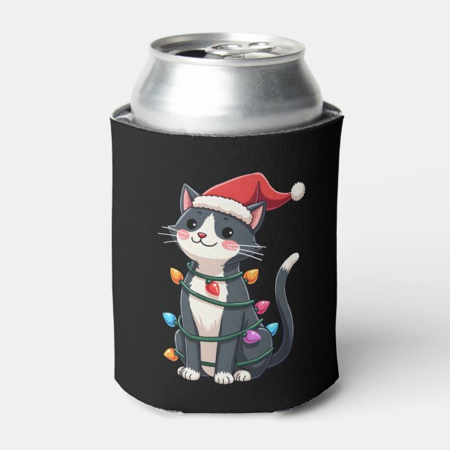Christmas Cat Tuxedo black cat xmas lights kitty c Can Cooler (Can Front)