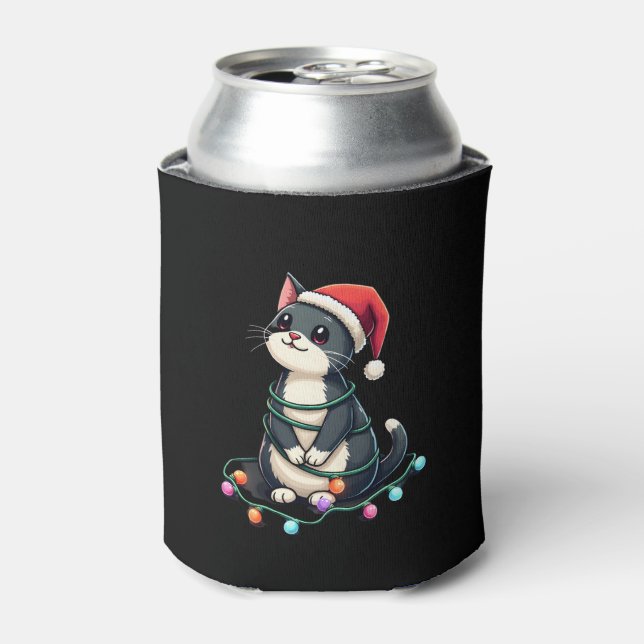 Christmas Cat Tuxedo black cat xmas lights kitty c Can Cooler (Can Front)