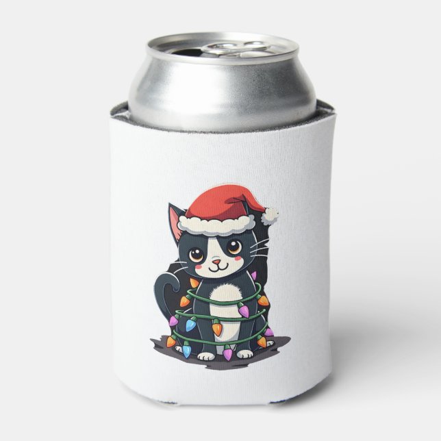 Christmas Cat Tuxedo black cat xmas lights kitty c Can Cooler (Can Front)