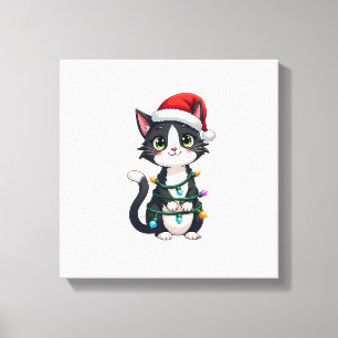 Christmas Cat Tuxedo black cat xmas lights kitty c Canvas Print
