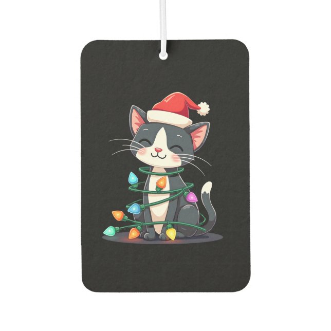 Christmas Cat Tuxedo black cat xmas lights kitty c Car Air Freshener (Front)