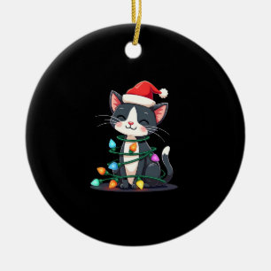 Christmas Cat Tuxedo black cat xmas lights kitty c Ceramic Tree Decoration
