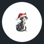 Christmas Cat Tuxedo black cat xmas lights kitty c Classic Round Sticker<br><div class="desc">Christmas Cat Tuxedo black cat xmas lights kitty cute (2)</div>