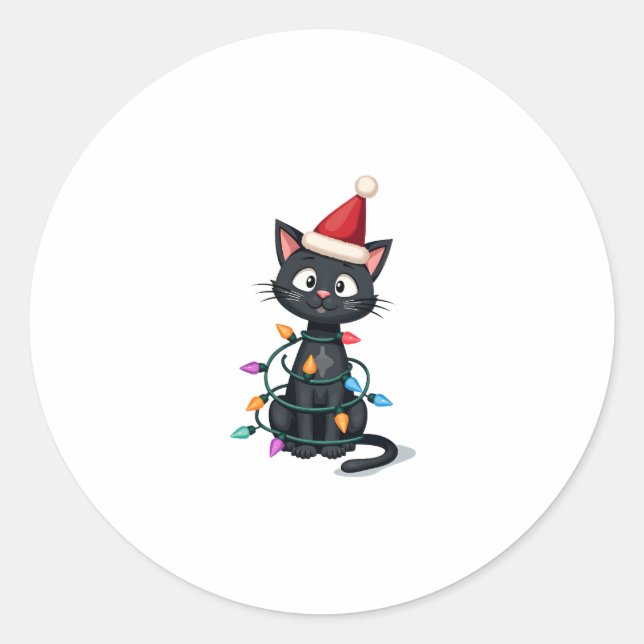 Christmas Cat Tuxedo black cat xmas lights kitty c Classic Round Sticker (Front)