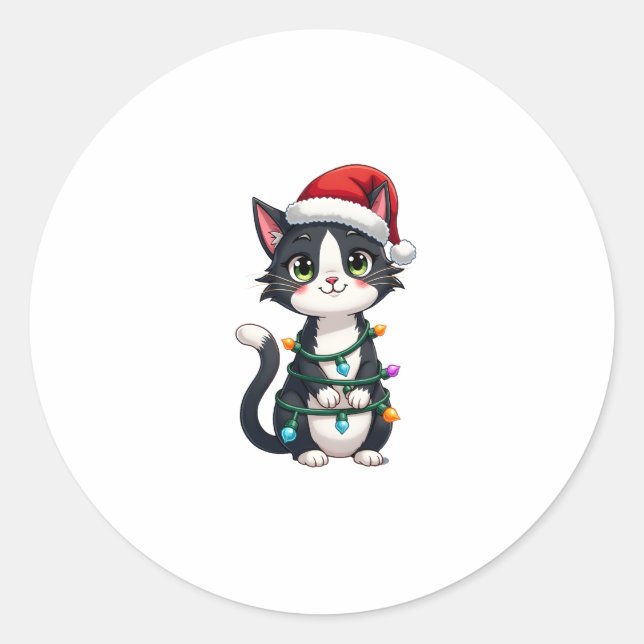 Christmas Cat Tuxedo black cat xmas lights kitty c Classic Round Sticker (Front)