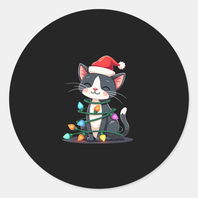 Christmas Cat Tuxedo black cat xmas lights kitty c Classic Round Sticker (Front)