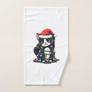 Christmas Cat Tuxedo black cat xmas lights kitty c Hand Towel