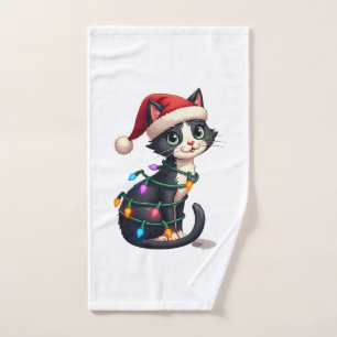 Christmas Cat Tuxedo black cat xmas lights kitty c Hand Towel