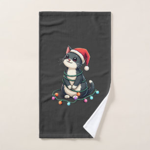 Christmas Cat Tuxedo black cat xmas lights kitty c Hand Towel