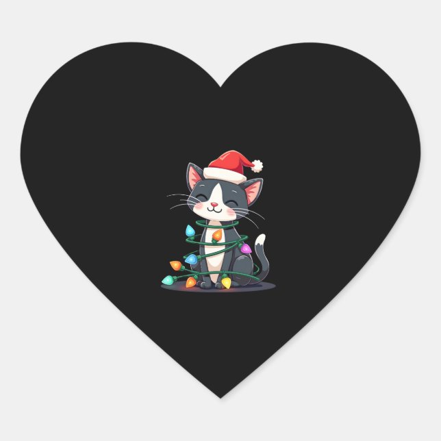 Christmas Cat Tuxedo black cat xmas lights kitty c Heart Sticker (Front)