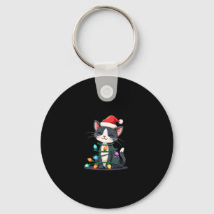 Christmas Cat Tuxedo black cat xmas lights kitty c Key Ring