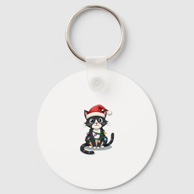 Christmas Cat Tuxedo black cat xmas lights kitty c Key Ring (Front)