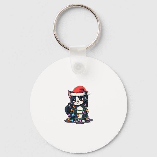 Christmas Cat Tuxedo black cat xmas lights kitty c Key Ring (Front)