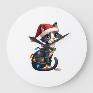 Christmas Cat Tuxedo black cat xmas lights kitty c Large Clock