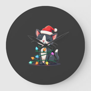 Christmas Cat Tuxedo black cat xmas lights kitty c Large Clock