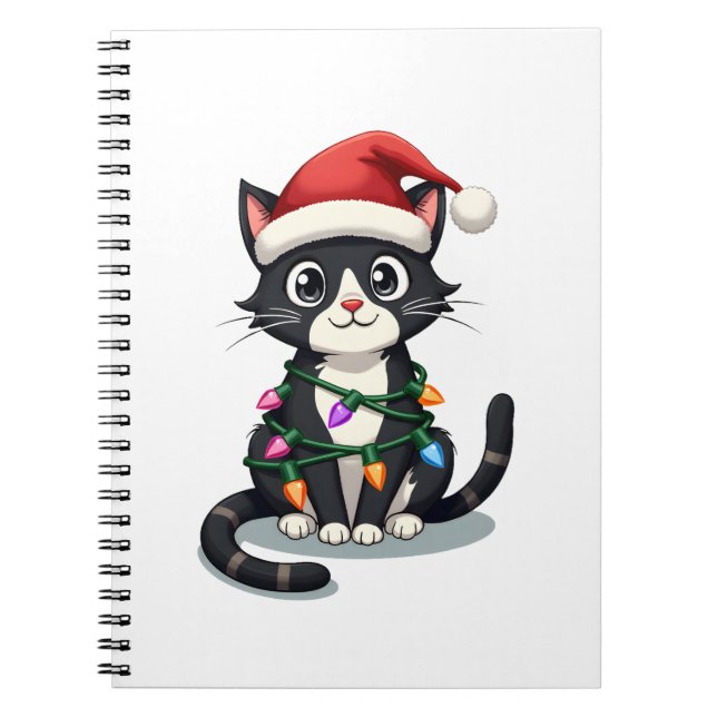 Christmas Cat Tuxedo black cat xmas lights kitty c Notebook (Front)