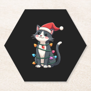 Christmas Cat Tuxedo black cat xmas lights kitty c Paper Coaster