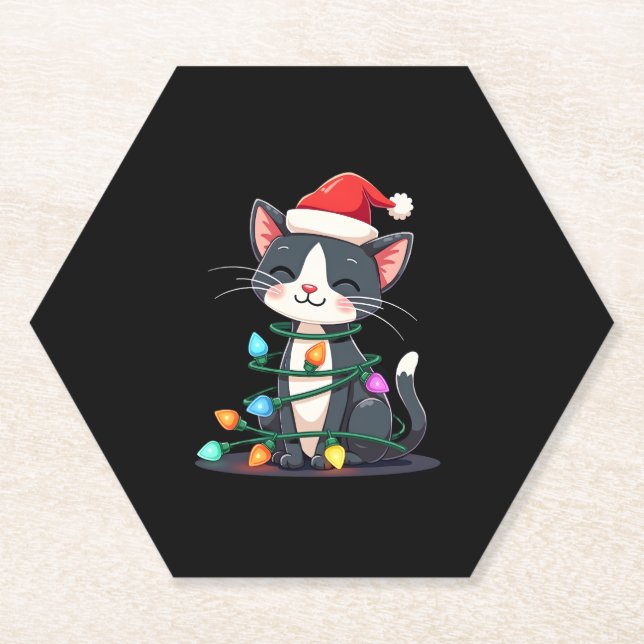 Christmas Cat Tuxedo black cat xmas lights kitty c Paper Coaster (Front)