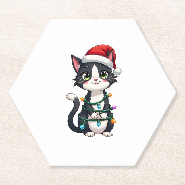 Christmas Cat Tuxedo black cat xmas lights kitty c Paper Coaster (Front)