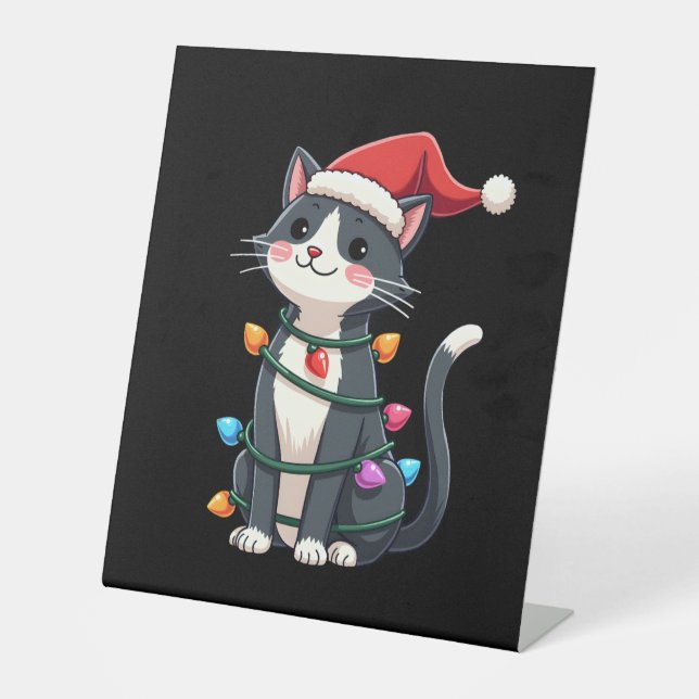 Christmas Cat Tuxedo black cat xmas lights kitty c Pedestal Sign (Front)
